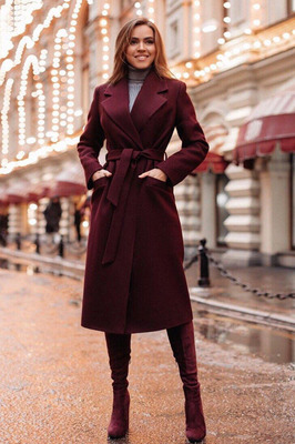 Шерстяное модное пальто цвет бордо