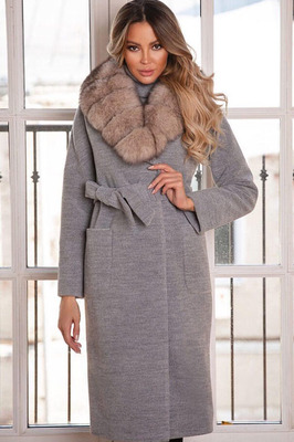 Пальто женское кашемировое длинное с мехом серое