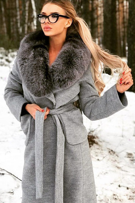 Пальто с чернобуркой зимнее серое