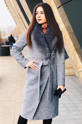 Элитное пальто из кашемира с песцом серое