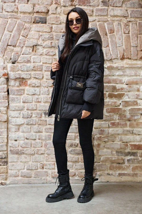 Пуховое пальто черного цвета с магнитными кнопками