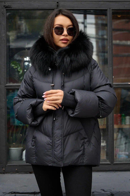 Зимний пуховик с мехом енота на капюшонечерный