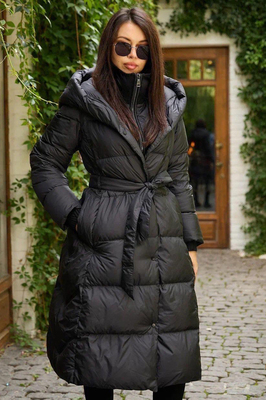 Теплый пуховик 2025-2026 с поясом черный