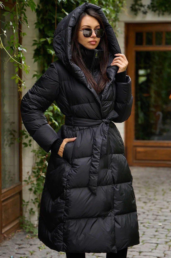 Теплый пуховик 2025-2026 с поясом черный