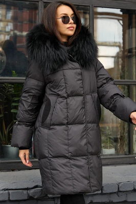 Длинный пуховик с мехом черный