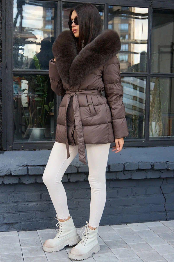 Коричневый женский пуховик 2025-2026 на зиму