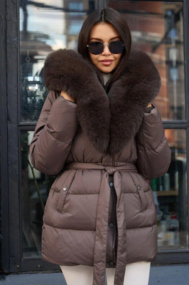 Коричневый женский пуховик 2025-2026 на зиму